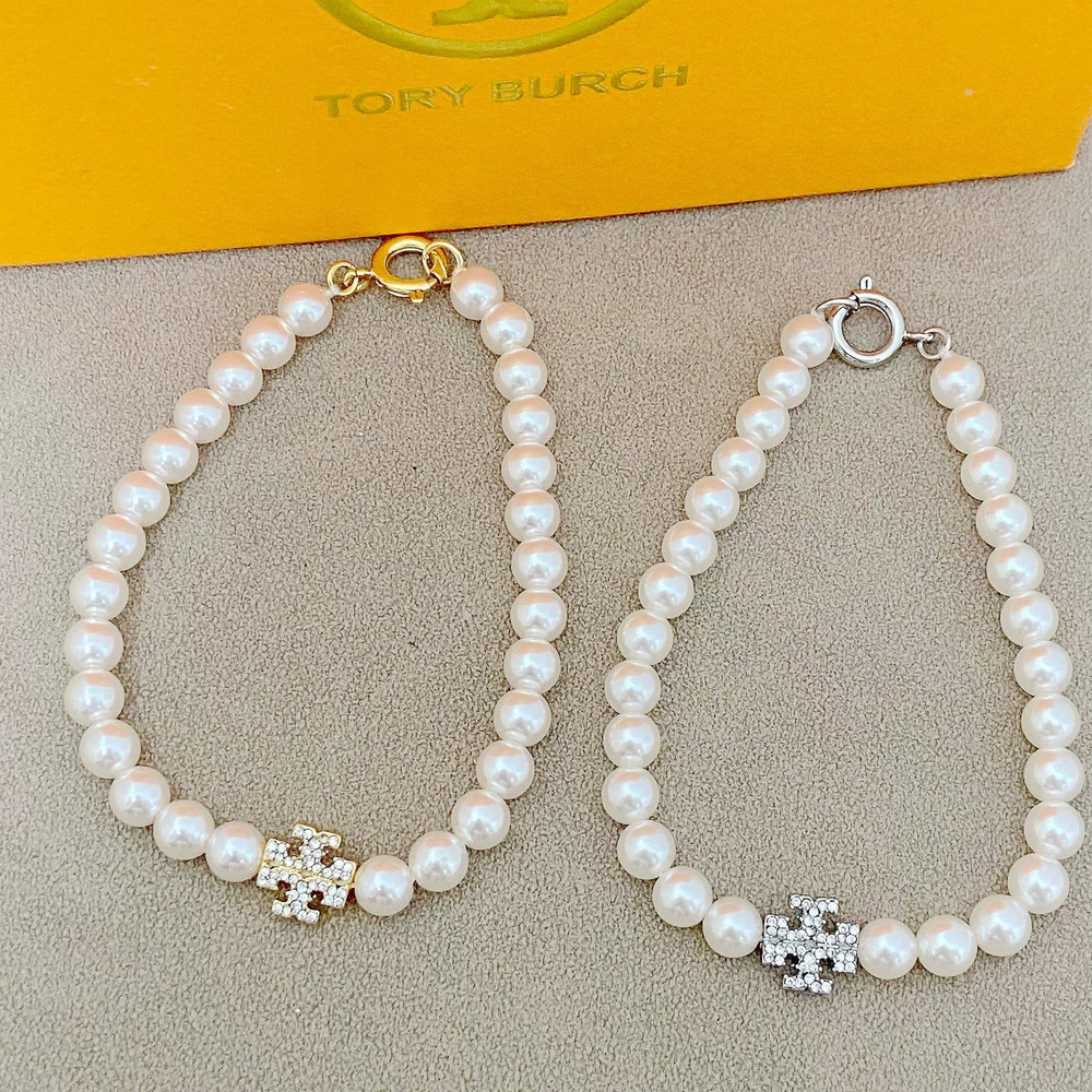 Tory Burch Natural Freshwater Pearl Bracelet Letter Rhinestone Lady Style